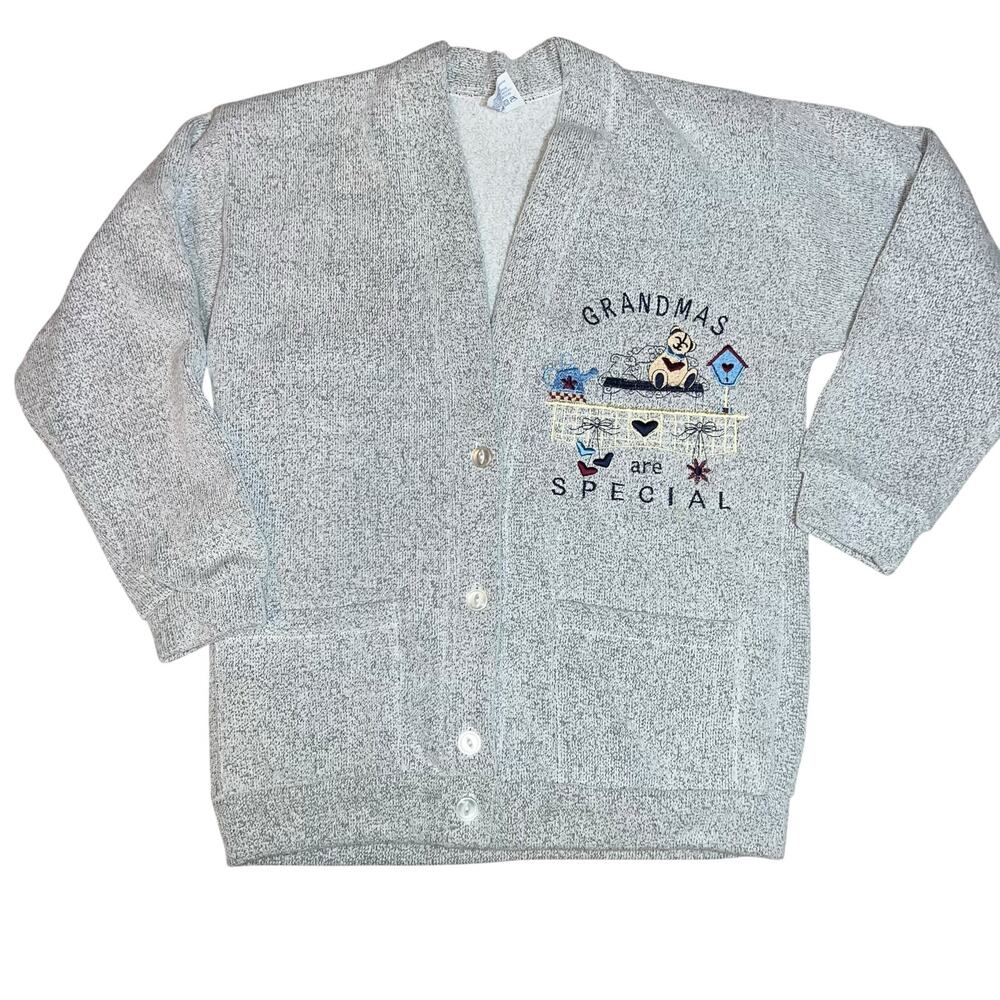 Vintage 90s grandma cottage core embroidered teddy bear cardigan sweater Med